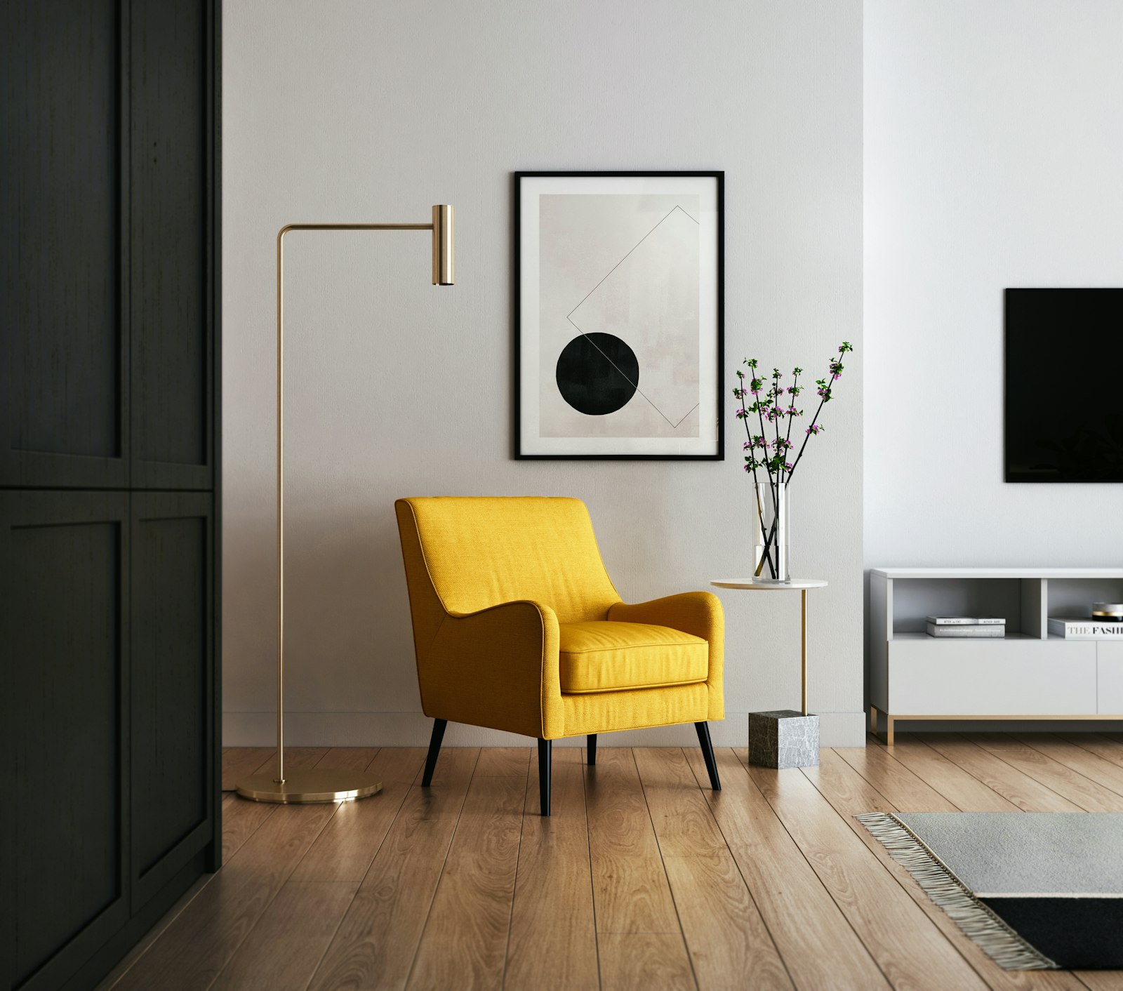 A finished sitting corner with a freshly painted wall